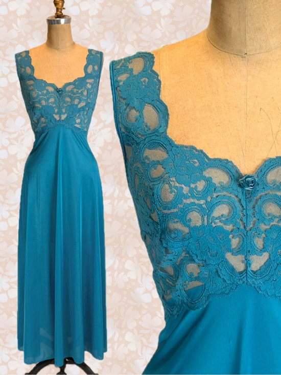 Vintage Dresses & Skirts - VINTAGE 80s lace floral bodice slip dress nightgown long maxi evening teal blue